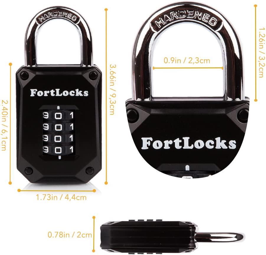 FortLocks, 2 Pack FortLocks Gym Locker Lock - 4 Digit, Heavy Duty, Hardened Stainless Steel, Weatherproof and Outdoor Combination Padlock - Easy to Read Numbers - Resettable and Cut Proof Combo Code - Black