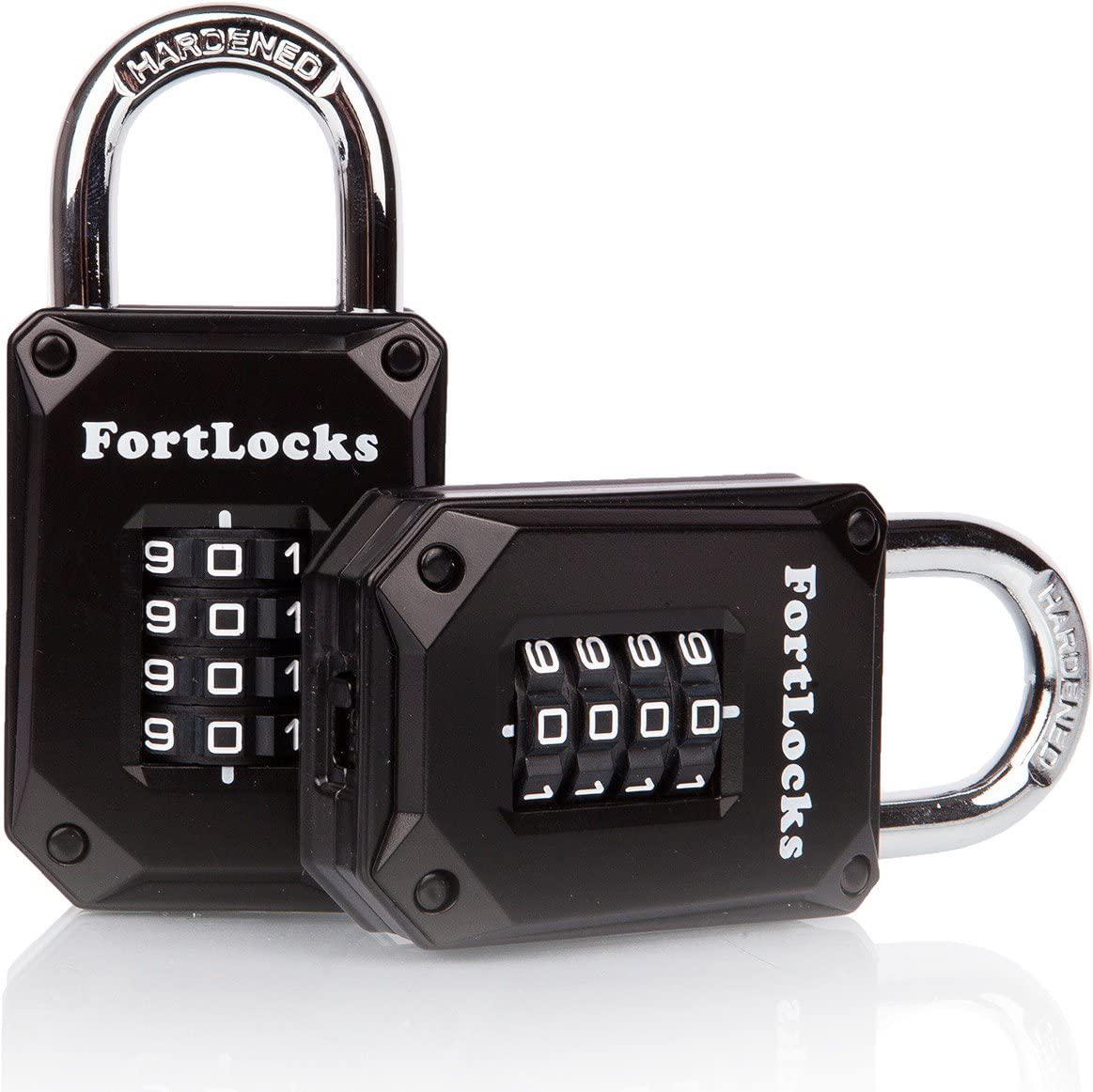 FortLocks, 2 Pack FortLocks Gym Locker Lock - 4 Digit, Heavy Duty, Hardened Stainless Steel, Weatherproof and Outdoor Combination Padlock - Easy to Read Numbers - Resettable and Cut Proof Combo Code - Black