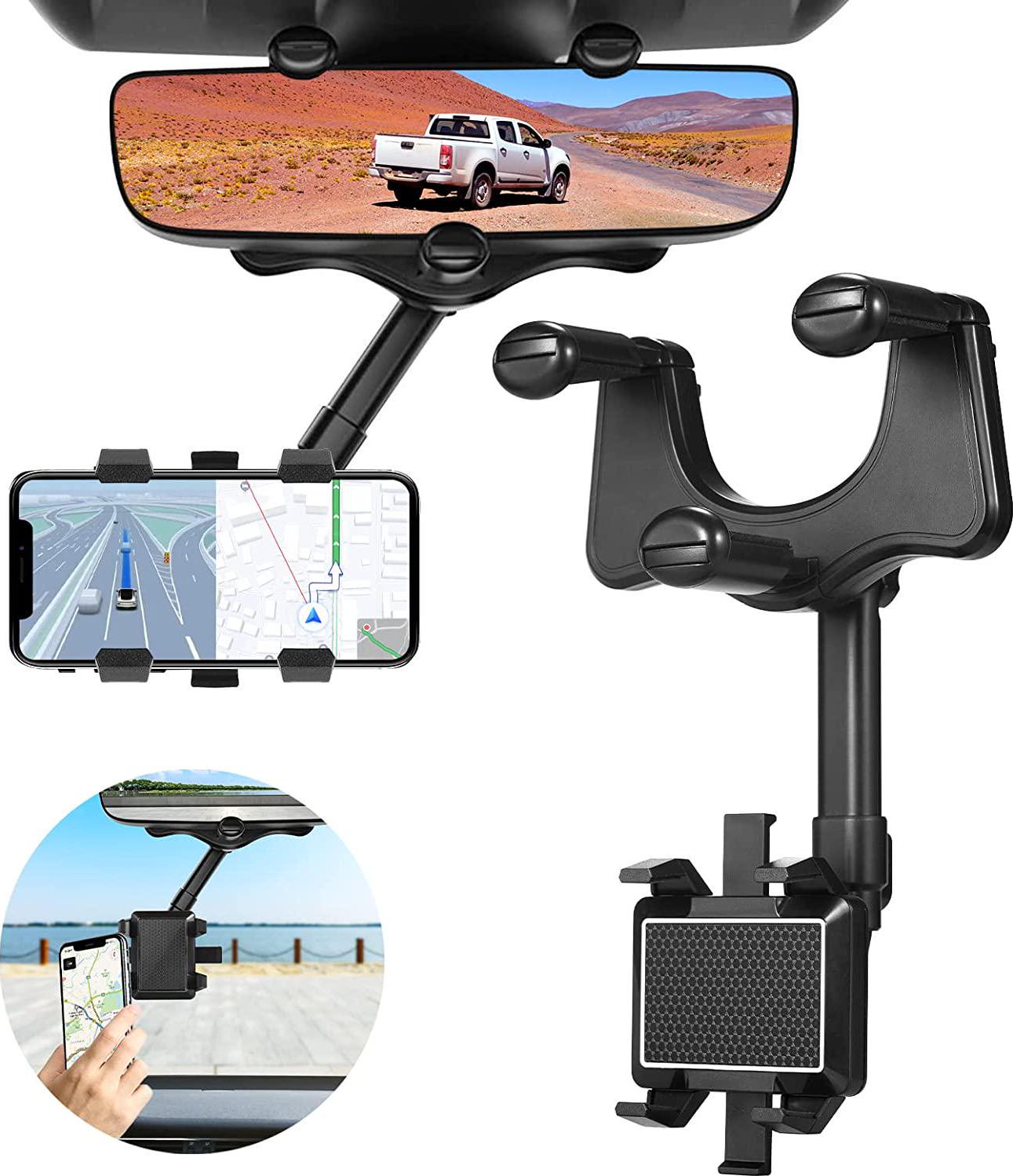 Jahy2Tech, 360° Rearview Mirror Phone Holder,Rotatable and Adjustable Car Phone Mount, Multifunctional Adjustable Car Phone Holder Compatitable with All Phones Black